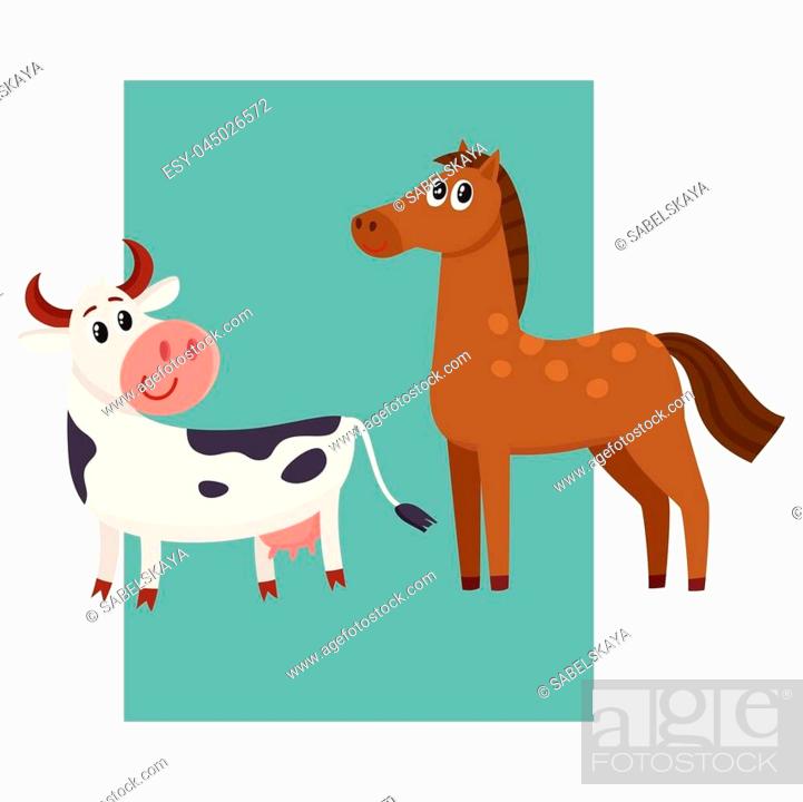 Brown horse, black and white cow with big eyes, side view cartoon vector  illustration isolated on..., Stock Vector, Vector And Low Budget Royalty  Free Image. Pic. ESY-045026572 | agefotostock