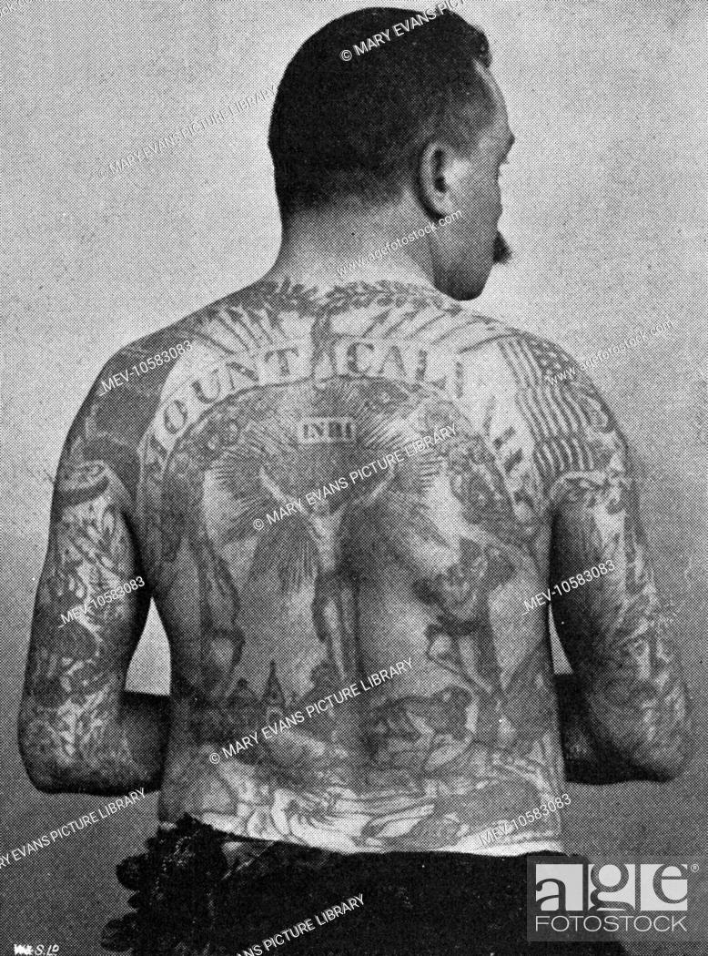 Frank de Burgh, tattooed man, displays his back, which bears the biblical scene of the Crucifixion..., Stock Photo, Picture And Rights Managed Image. Pic. MEV-10583083