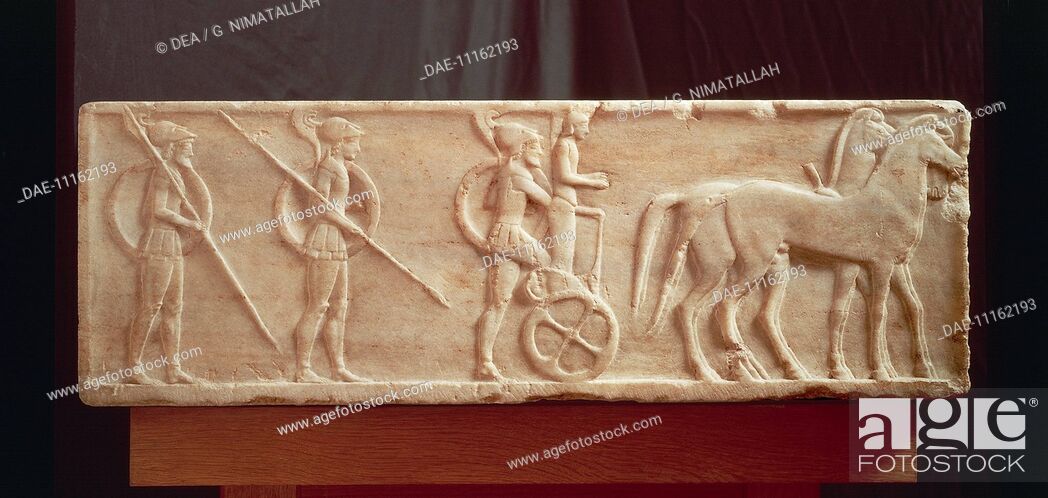 Stock Photo: Greek civilization, 5th century b.C. Base of a Kouros with relief depicting a procession with hoplites.  Athens, Ethnikó Arheologikó Moussío (National.