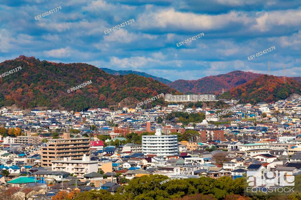 Stock Photo: Himeji residence downtown aerial view from Himeji castle in Hyogo, Kansai, Japan during autumn season.