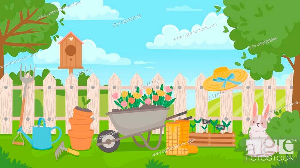 Garden landscape with tools. Cartoon spring poster with yard and fence,  wheelbarrow, flowers, Stock Vector, Vector And Low Budget Royalty Free  Image. Pic. ESY-058539945 | agefotostock
