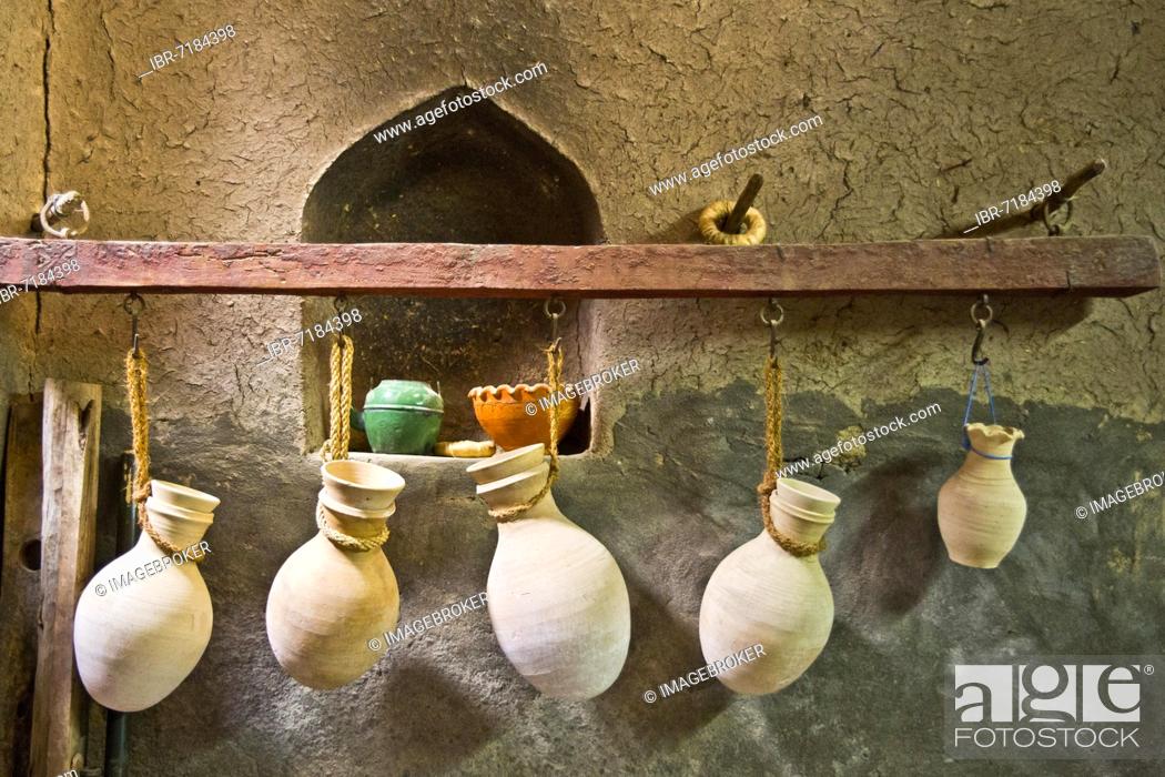 Stock Photo: Clay jars, traditional house, Bait al Safah local museum, old clay settlement Al Hamra, Al Hamra, Oman, Asia.