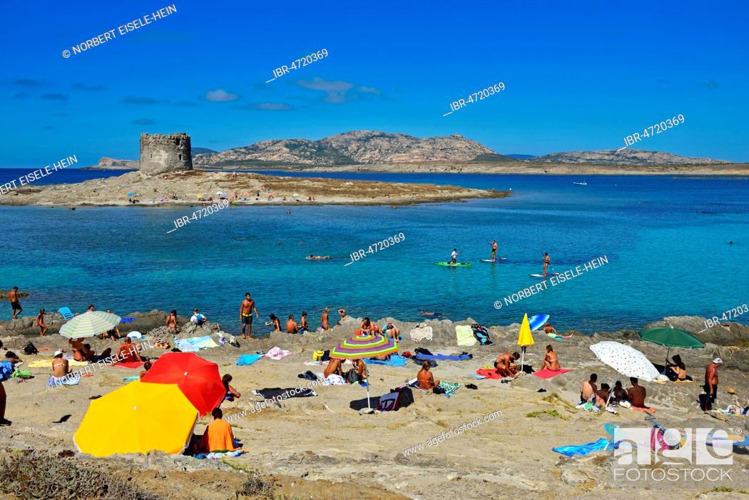 Stock Photo: Beach with bathers at Stintino, Porto Torres, Sardinia, Italy.