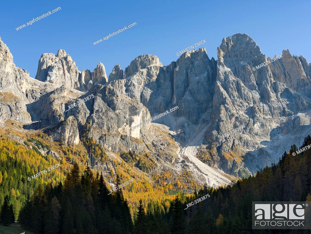 Stock Photo: Peaks towering over Val Venegia. Pala mountain range (Pale di San Martino) in the dolomites of Trentino. Pala is part of the UNESCO world heritage Dolomites.