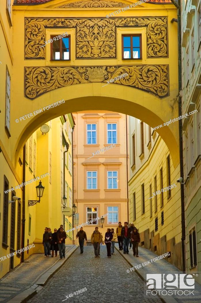 Stock Photo: Arched indoor passageway in Mala Strana district of Prague Czech Republic.