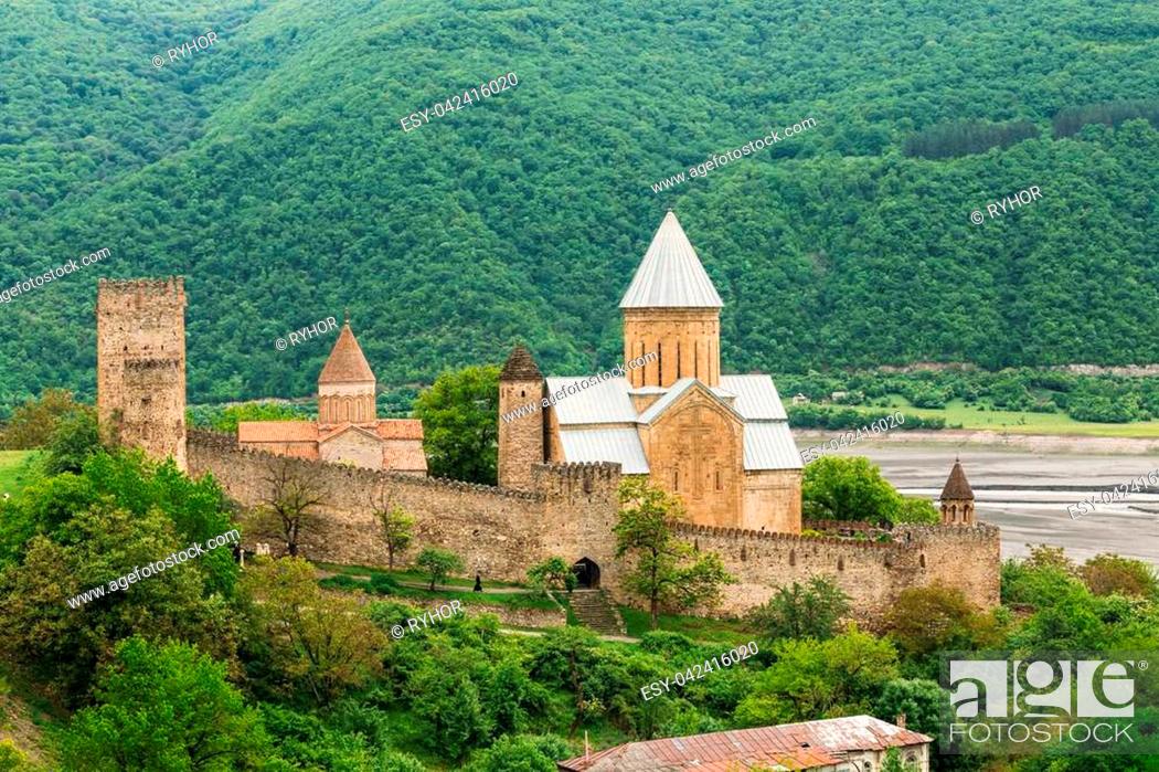 Stock Photo: Castle complex Ananuri in Georgia, about 72 kilometres from Tbilisi. Large tower, Sheupovari, is well preserved and is location of last defense of Aragvi.