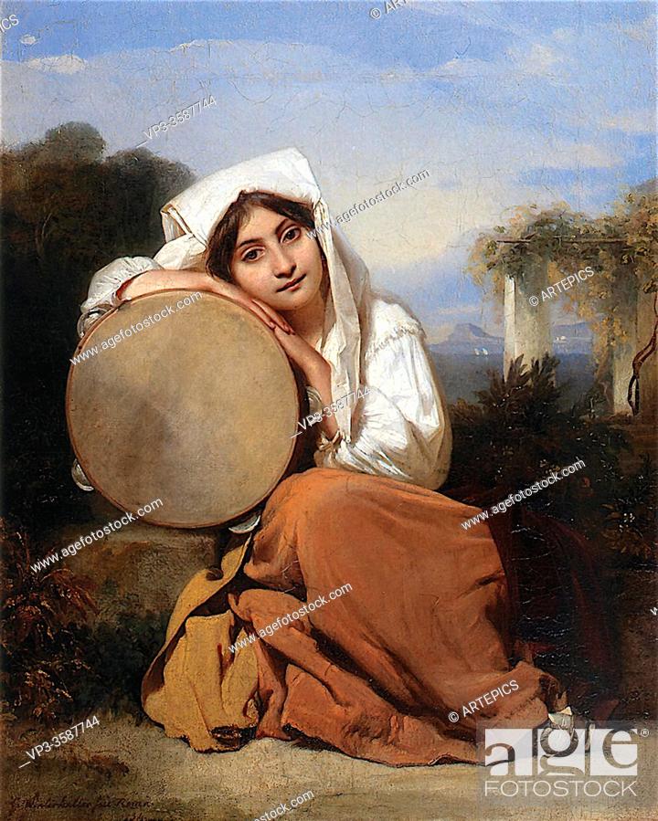 Stock Photo: Winterhalter Franz Xavier - Italian Girl with Tambourine - German School - 19th Century.