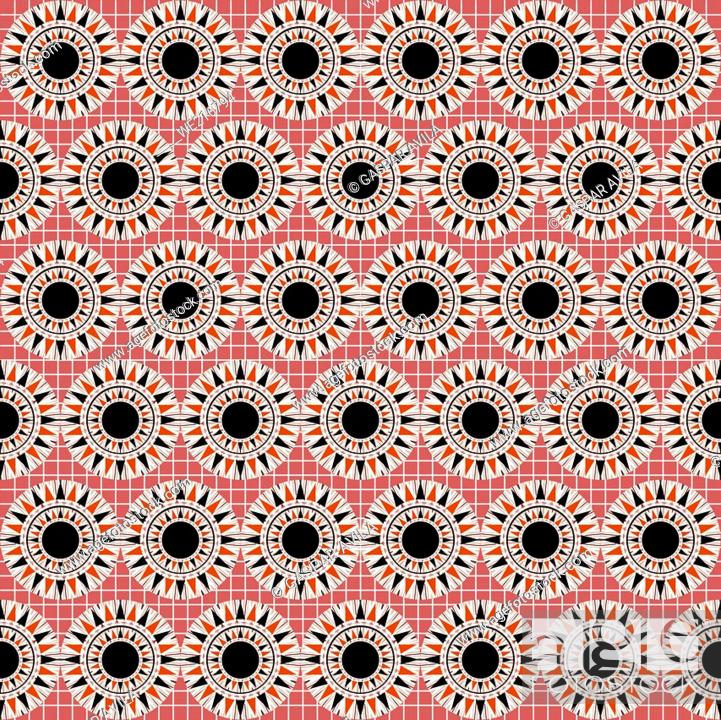 Vector: Black stars pattern with a fine grid and coral color on the background. Abstract geometric pattern.