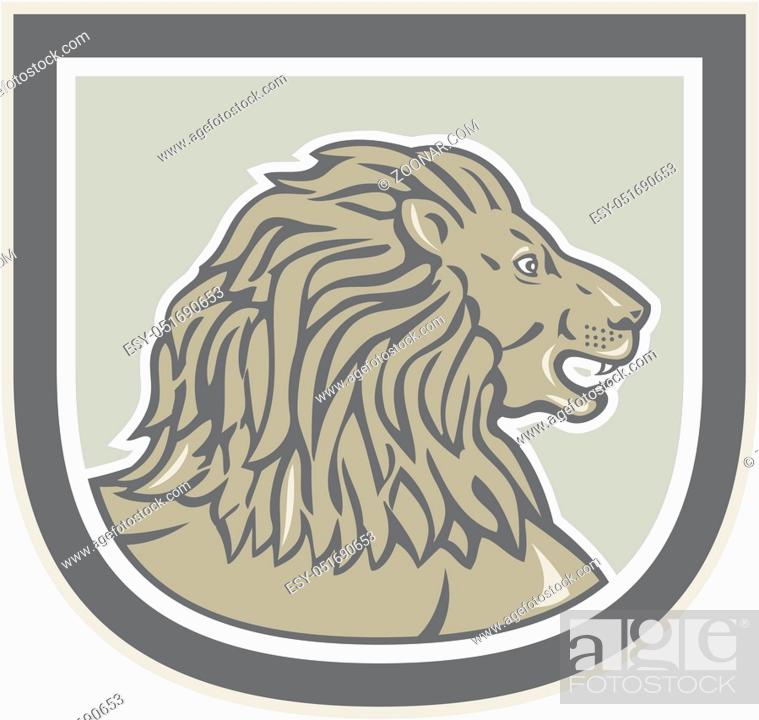 Stock Photo: Illustration of an lion big cat head viewed from side set inside shield crest on isolated background done in retro style.