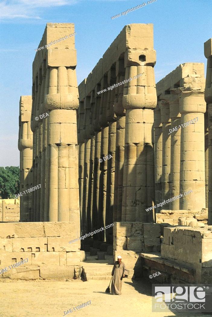 Stock Photo: Egypt - Ancient Thebes (UNESCO World Heritage List, 1979). Luxor. Temple of Amon. Colonnaded court. Columns in papyrus form.