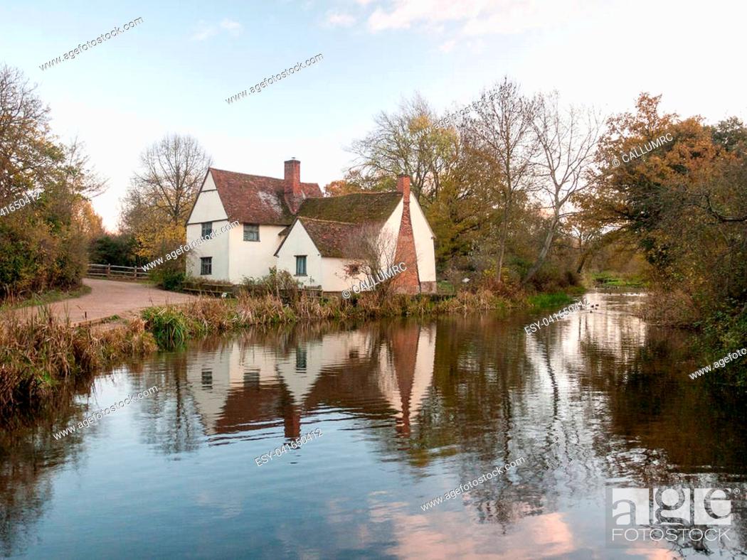 Stock Photo: Willy lotts flatford mill cottage constable country haywain painting river; essex; england; uk.