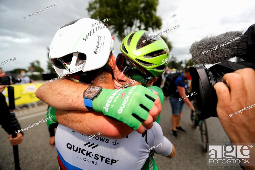 Stock Photo: British Mark Cavendish of Deceuninck - Quick-Step celebrates with French Julian Alaphilippe of Deceuninck - Quick-Step after winning stage 10 of the 108th.