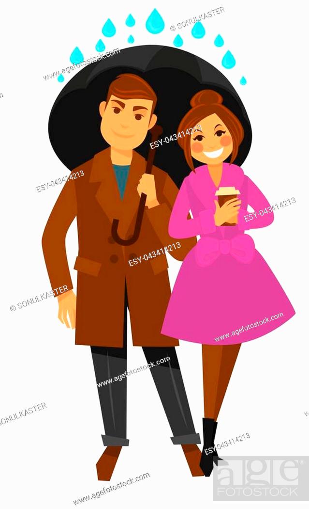 Happy couple in autumn coats walks together with paper cup of hot coffee  under big black umbrella..., Stock Vector, Vector And Low Budget Royalty  Free Image. Pic. ESY-043414213 | agefotostock