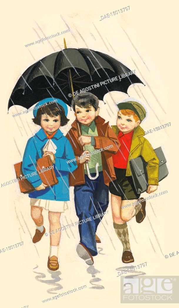 Three children going to school on a rainy day sheltering under an umbrella,  drawing, Stock Photo, Picture And Rights Managed Image. Pic. DAE-15013797 |  agefotostock