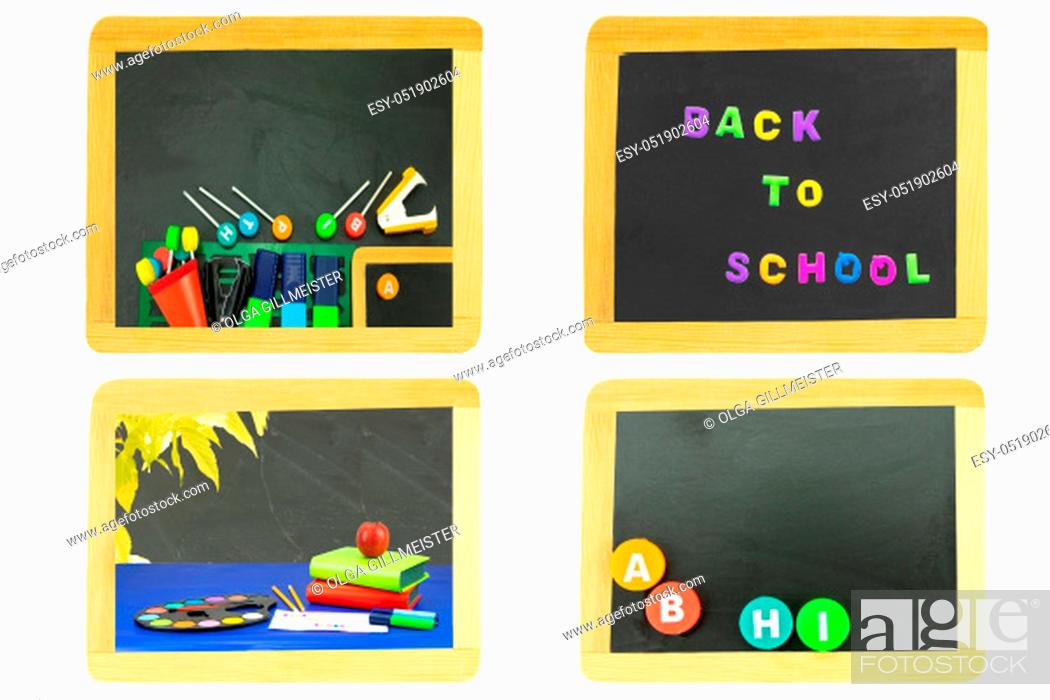 Stock Photo: Back to school concept. Collage set of four school blackboards with school supplies, colorful letters, pencils, books and other school equipment isolated on a.
