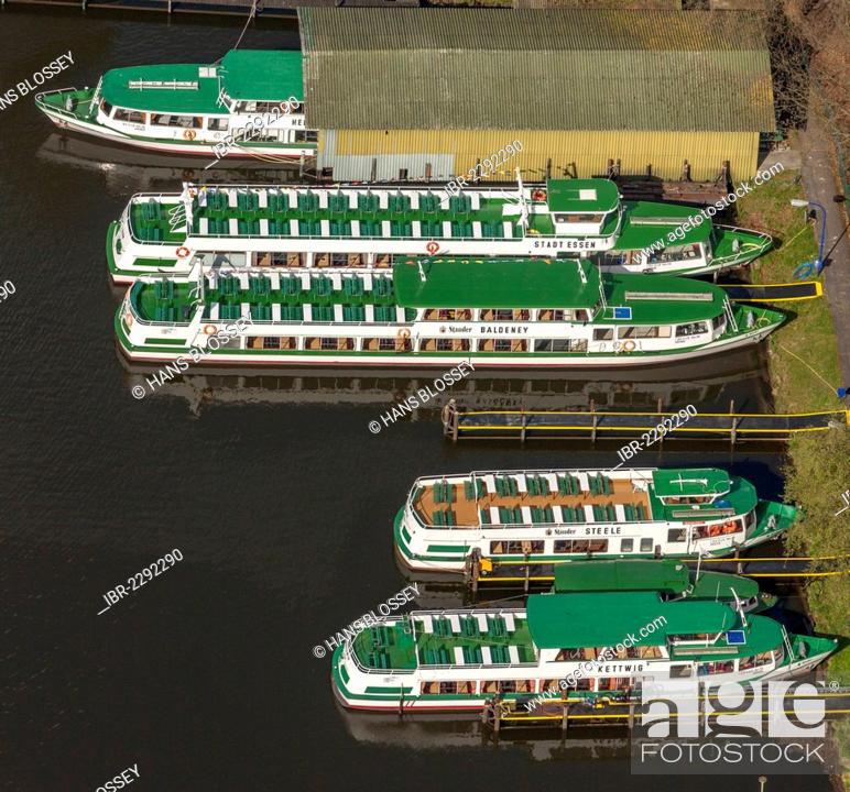 Stock Photo: Aerial view, pleasure boats in the harbor, lake Baldeneysee, Essen, Ruhr area, North Rhine-Westphalia, Germany, Europe.