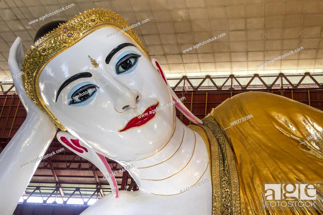 Stock Photo: Reclining Buddha in Chaukhtatgyi Buddha Temple located in Yangon, Myanmar.