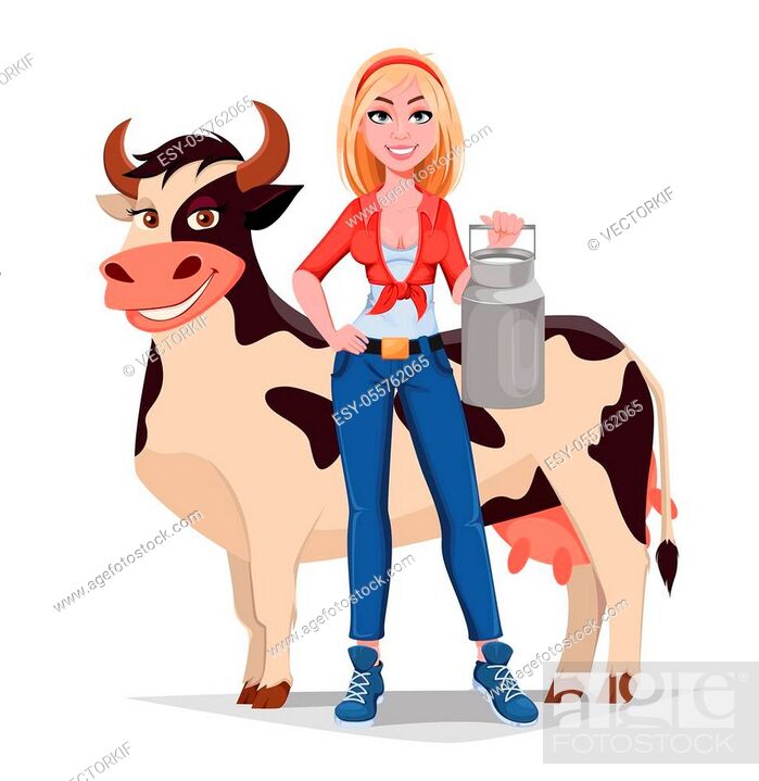 Happy smiling farm girl stands near cow and holds milk can, Stock Vector,  Vector And Low Budget Royalty Free Image. Pic. ESY-055762065 | agefotostock