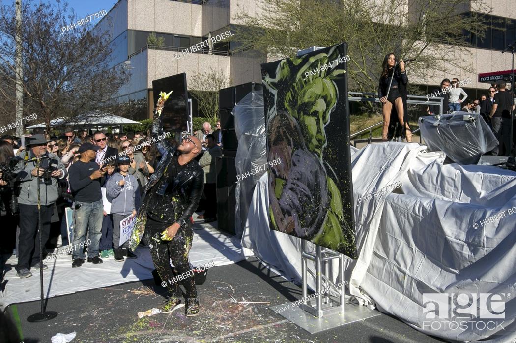 Stock Photo: Action Painter David Garibaldi performs at United Talent Agency's United Voices Rally against Donald Trump's politics at UTA Plaza in Beverly Hills.