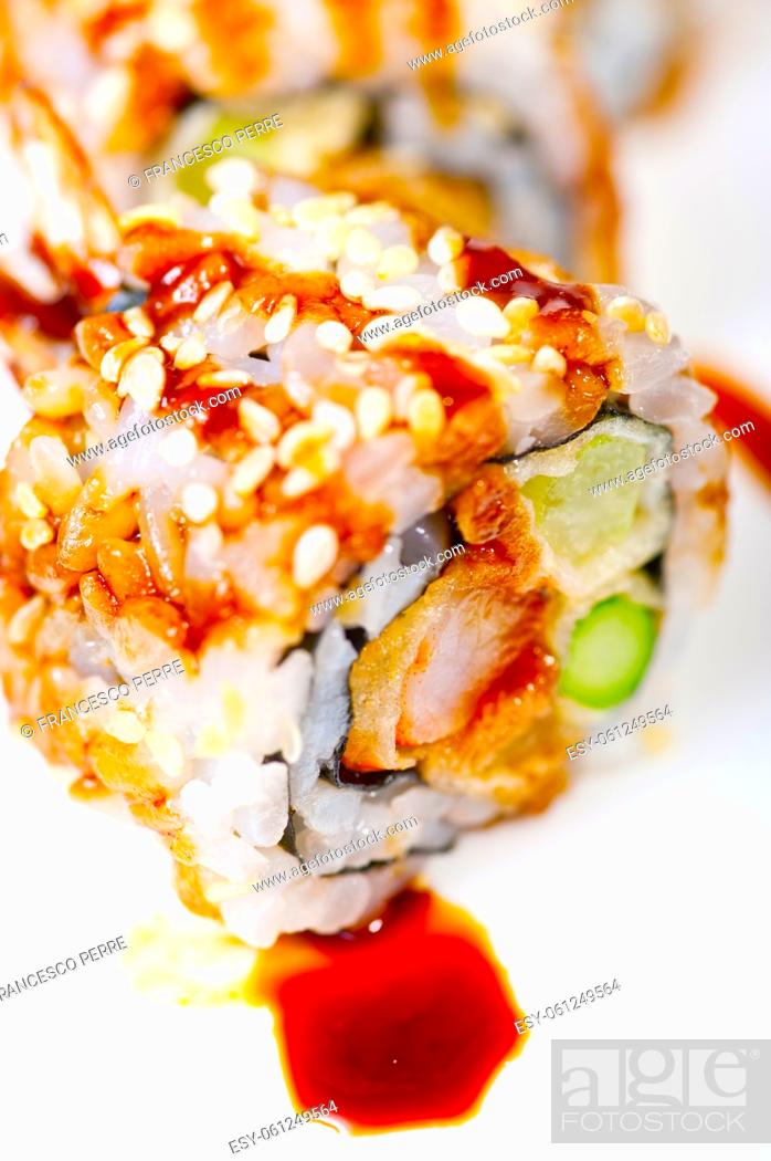 Stock Photo: macro closeup of fresh sushi choice combination assortment selection.