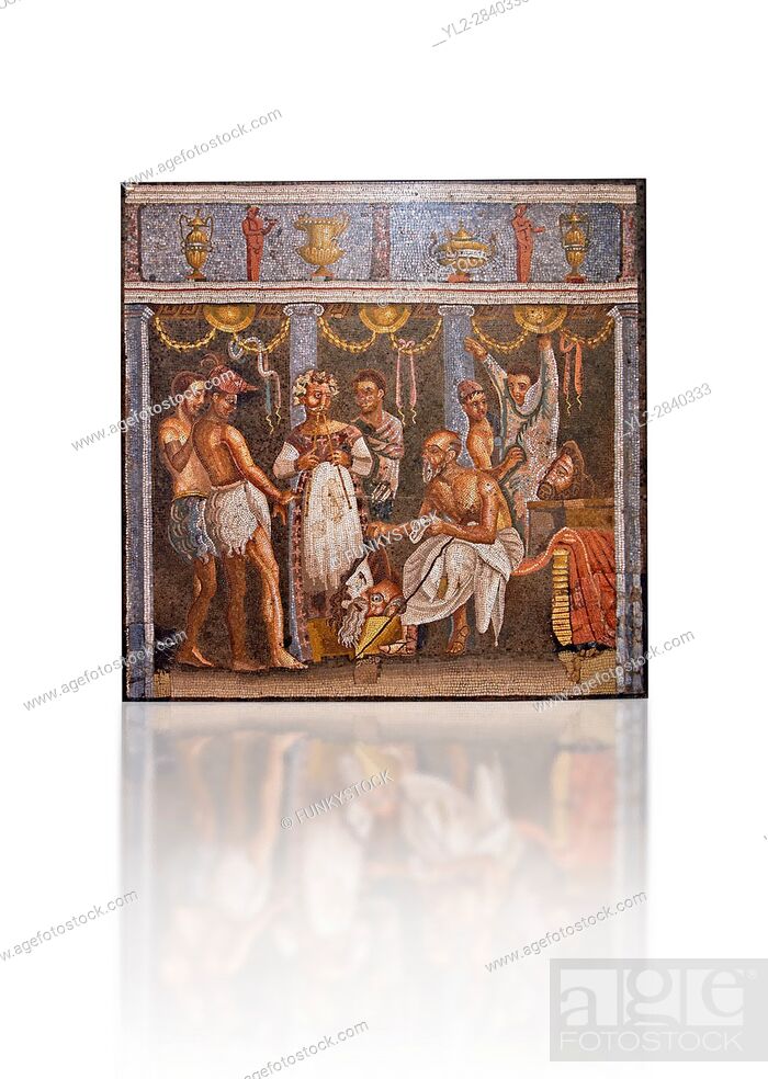 Stock Photo: Roman mosaic of actors from the Casa del Poet Tragic (VI 8, 3, ) Pompeii, inv 9986. Naples Archaeological Musum, Italy.