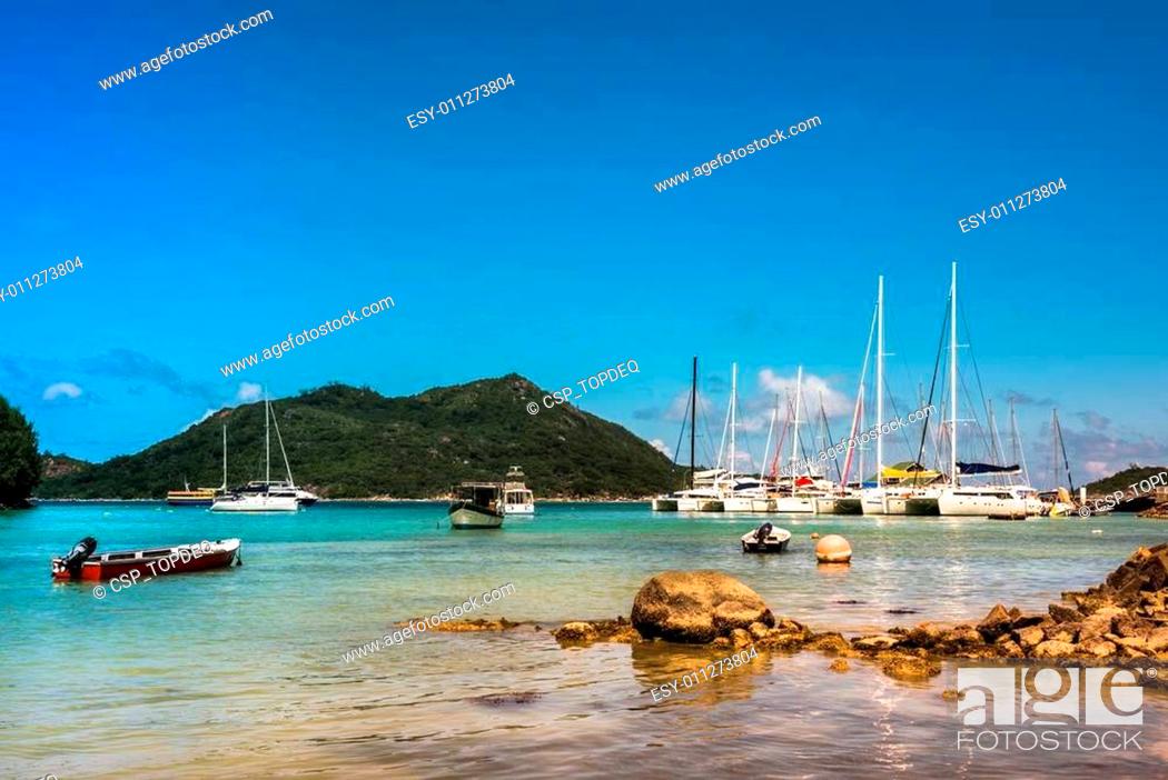 Stock Photo: Yachts Marina at Praslin island Seychelles.