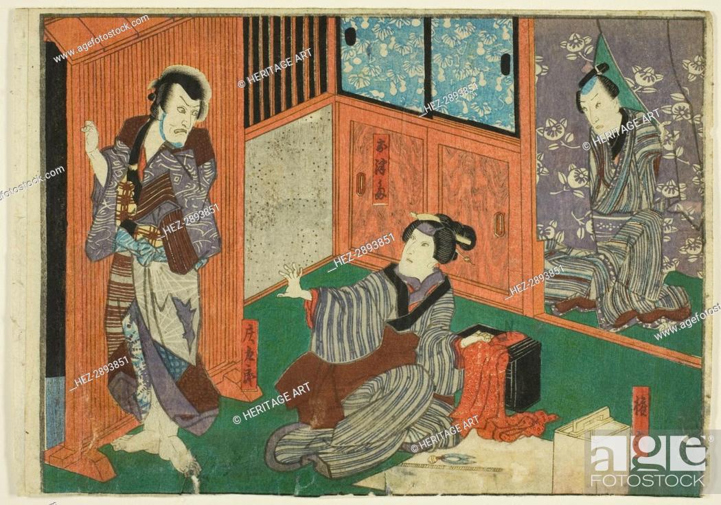 Photo de stock: Actors as Genroku, Otsuma, and Shokuro, from an untitled series of half-block.., c. 1851/52. Creator: Utagawa Kunisada.