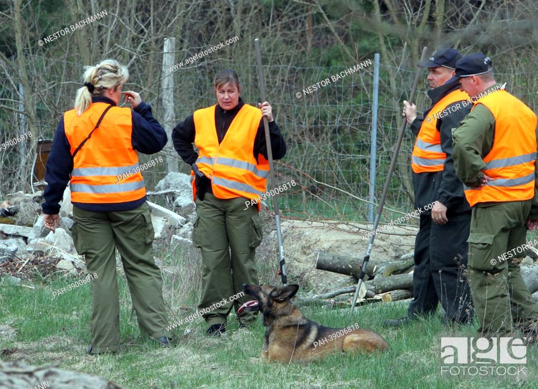 Stock Photo: Search dogs and officers of the Berlin police search the missing head of a corpse in a forest in Treuenbrietzen, Germany, 24 April 2013.