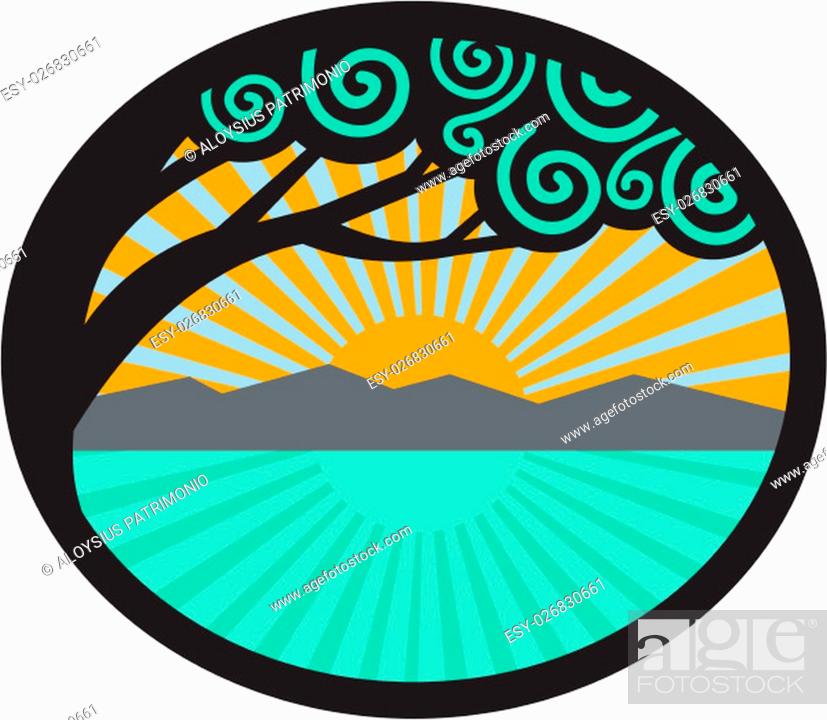 Stock Photo: Illustration of a monkeypod tree with mountain, sea and sunrise in the background set inside oval shape done in retro style.