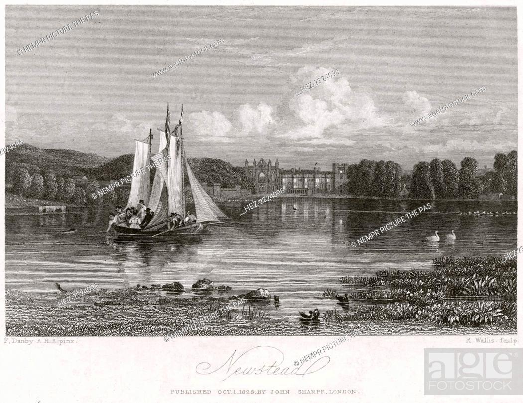 Stock Photo: West aspect of Newstead Abbey and upper lake, Nottinghamshire, 1828. The abbey was founded between 1163 and 1173 by Henry II as a priory of Augustinian Canons.