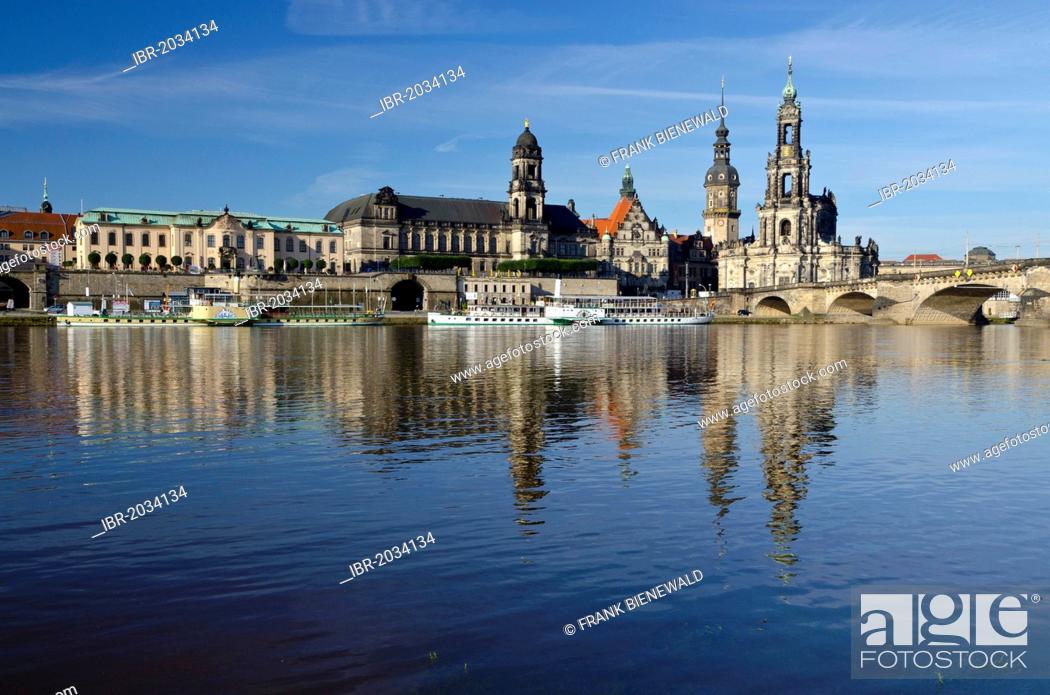 Stock Photo: Hofkirche church and the Dresden Castle, as seen across the river Elbe from Carolabruecke bridge, Dresden, Saxony, Germany, Europe.