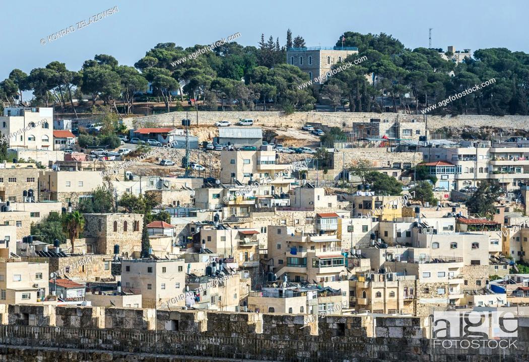 Stock Photo: apartment houses on the hills of Silwan neighborhood on the outskirts of the Old City of Jerusalem, Israel. View with House of Abraham.