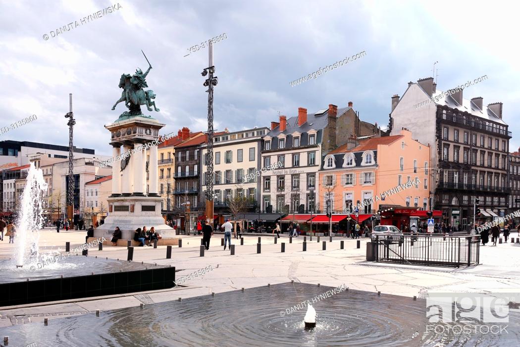 Stock Photo: Place de Jaude, on left statue of Vercingetorix, gaulish warlord, historic part of Clermont-Ferrand, Puy-de-Dôme, Auvergne, Auvergne-Rhône-Alpes, France, Europe.