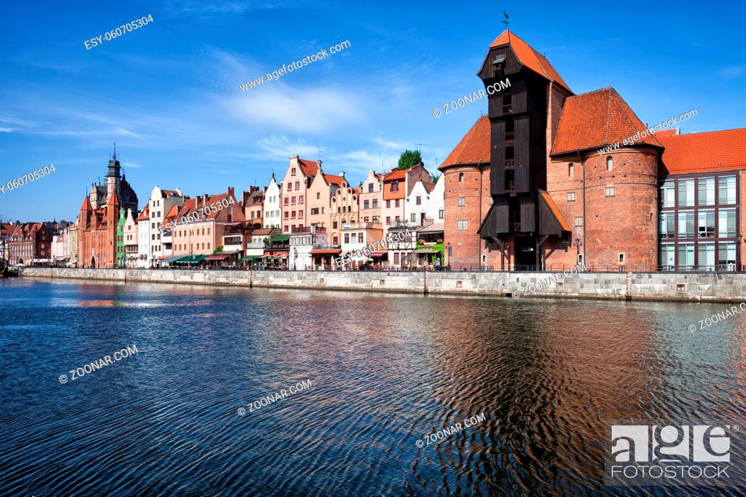 Stock Photo: Old Town of Gdansk river view in Poland, city skyline with The Crane.