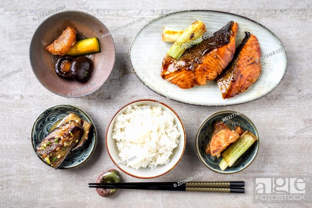 Stock Photo: Traditional Japanese dish with Fish Teriyaki and Rice as close-up in bowls.