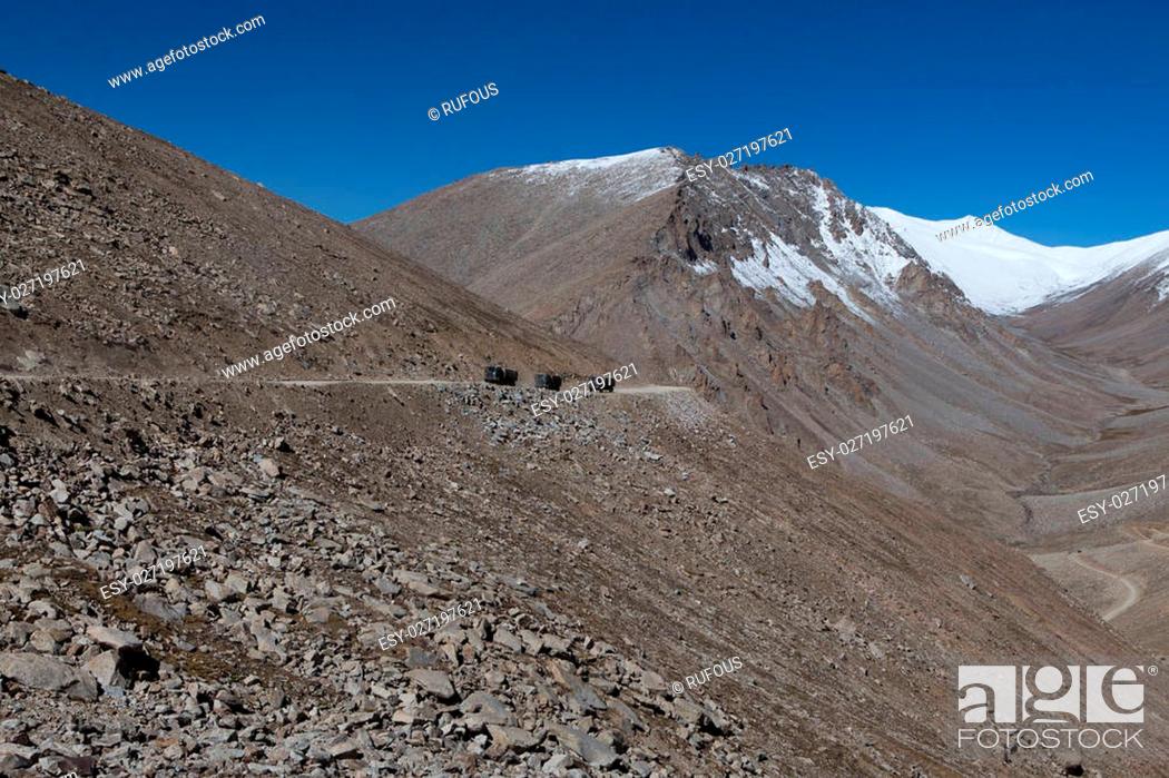 Stock Photo: Himalayan landscape in Himalayas along Manali-Leh highway. Himachal Pradesh, India.