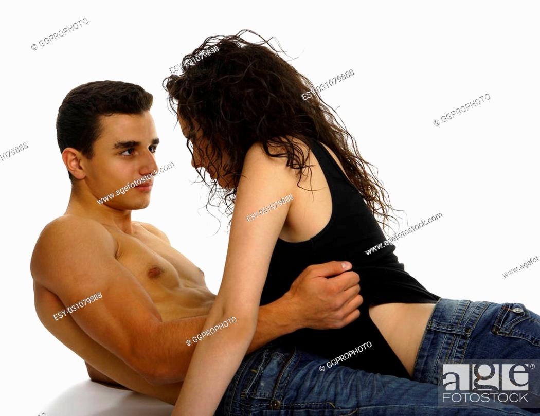 Stock Photo: Young couple about to kiss, isolated on whte,.
