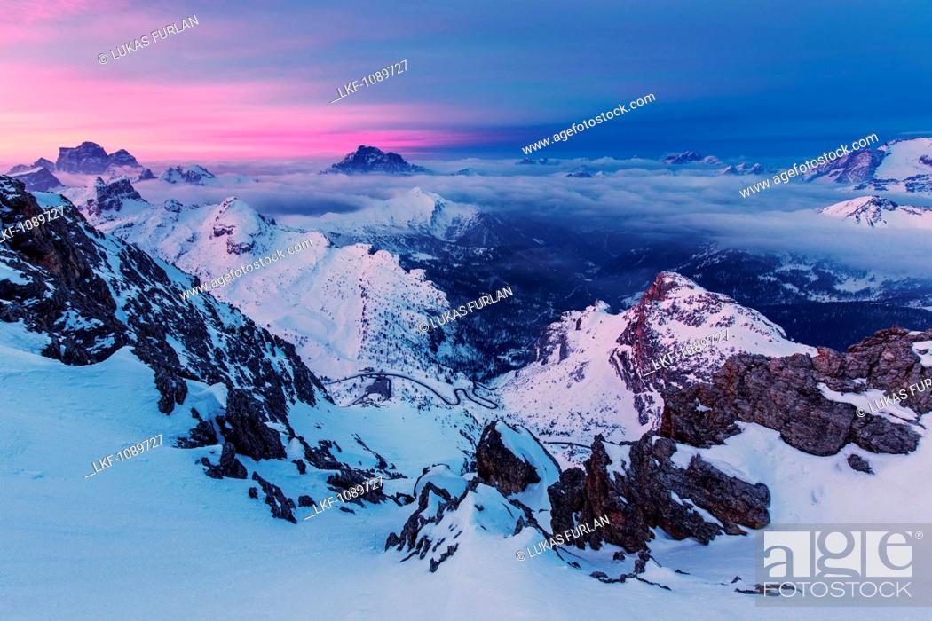 Stock Photo: View from top of the Lagazuoi, near the Refugio Lagazuoi mountain hut, located in the area of the Falzarego mountain pass, Bellunesi Dolomites.