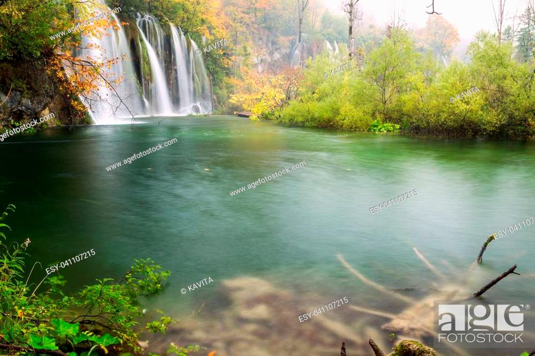 Stock Photo: Autum colors and waterfalls of Plitvice National Park in Croatia.