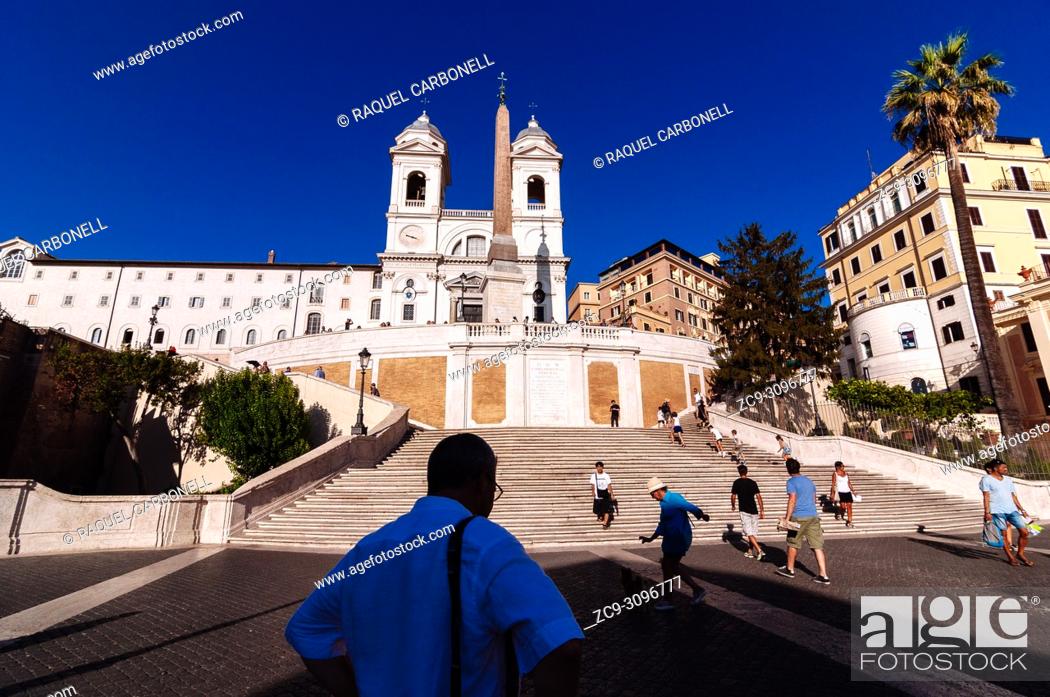Stock Photo: The church of the Santissima TrinitÃ  dei Monti, often called simply the TrinitÃ  dei Monti, above the Spanish Steps which lead down to the Piazza di Spagna.