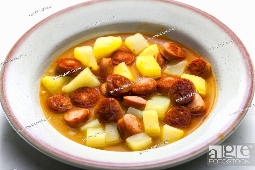 Stock Photo: sausage goulash soup with potatoes.
