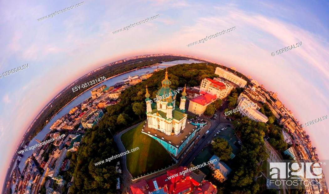 Stock Photo: Full aerial view panorama 360 degrees of Kiev city, St. Andrew's Church, Andrew's descent and the historical part of the city in the equiangular spherical.