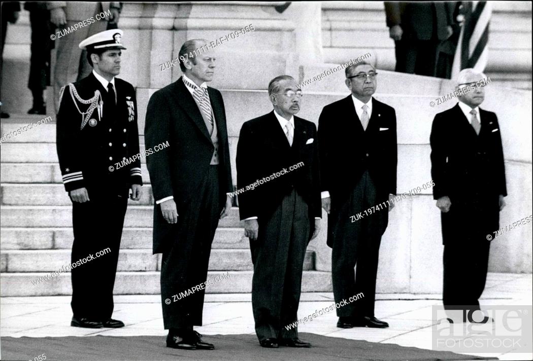 Stock Photo: Nov. 11, 1974 - President Gerald Ford and Emperor Hirohito of Japan stand at attention during the ceremonies held in the presidents honor outside the Guest.