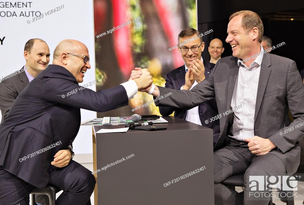 Stock Photo: Skoda Auto CEO Bernhard Maier (left) and Tour de France director Christian Prudhomme signed a sponsorship contract up to 2023 during the 2019 Geneva.
