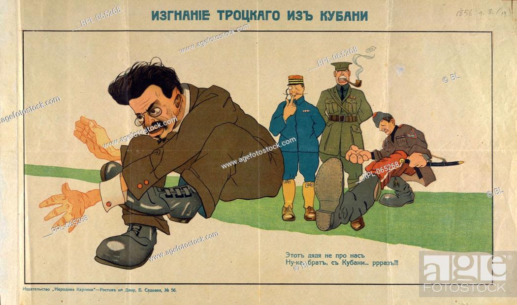Stock Photo: Leon Trotsky, 'Trotsky is being thrown out from Kuban'. 'This is not our chap, hey, come on, go out!!!'. Image taken from A collection of posters issued by the.