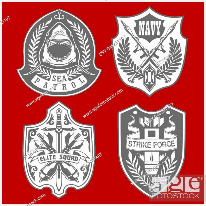 Stock Vector: Set Of Military and Army Patches and Badges 4 on red.