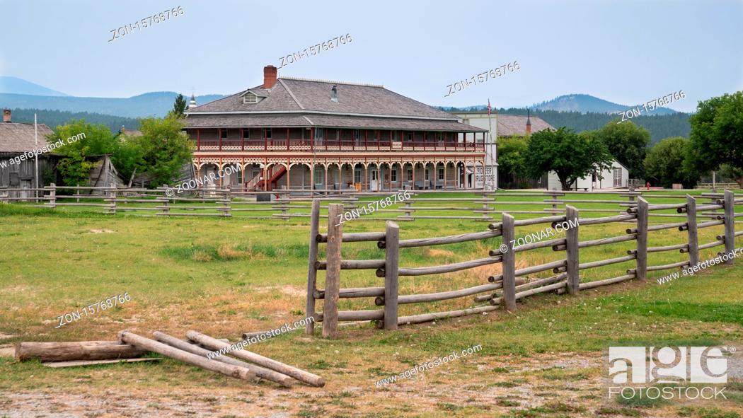 Stock Photo: FORT STEELE, CANADA - AUGUST 9, 2019: Old buildings in the historic site of Fort Steele on August 9, 2019 in British Columbia, Canada.