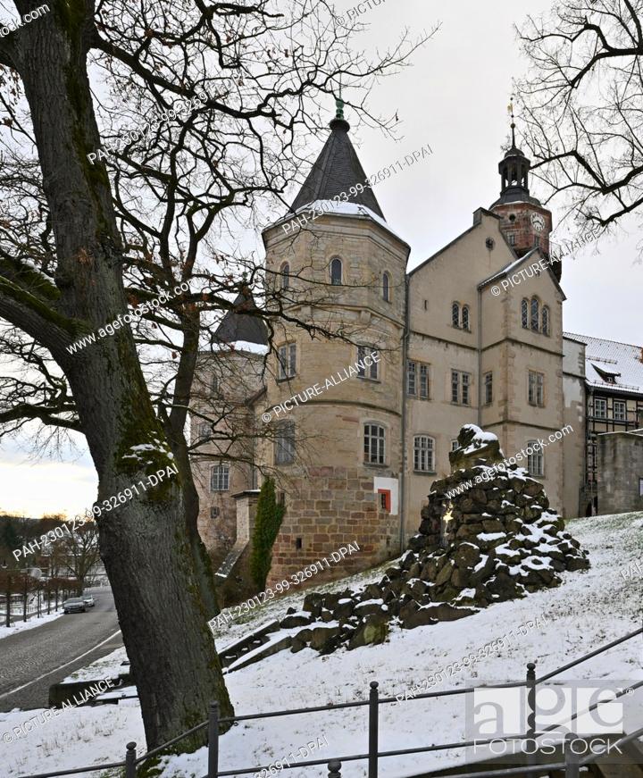 Stock Photo: 23 January 2023, Thuringia, Schleusingen: Snow lies in front of Bertholdsburg Castle. Extensive restoration work is currently being prepared by experts.