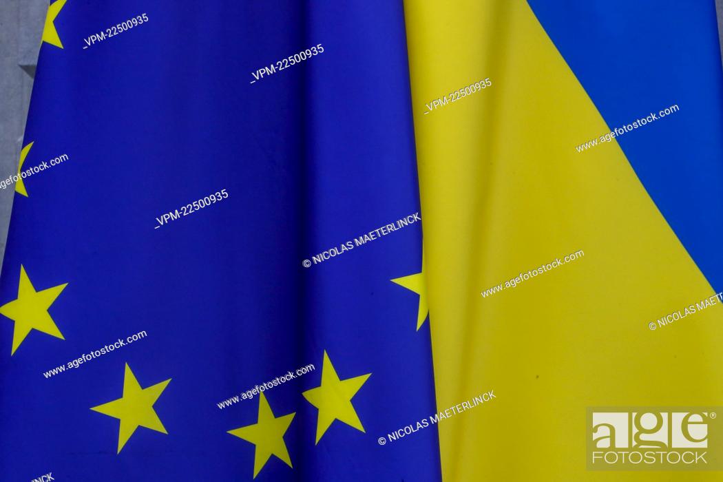 Stock Photo: Illustration picture shows European and Ukrainian flag pictured during the inauguration of the Center for Ukrainian Civil Society, near the European Parliament.