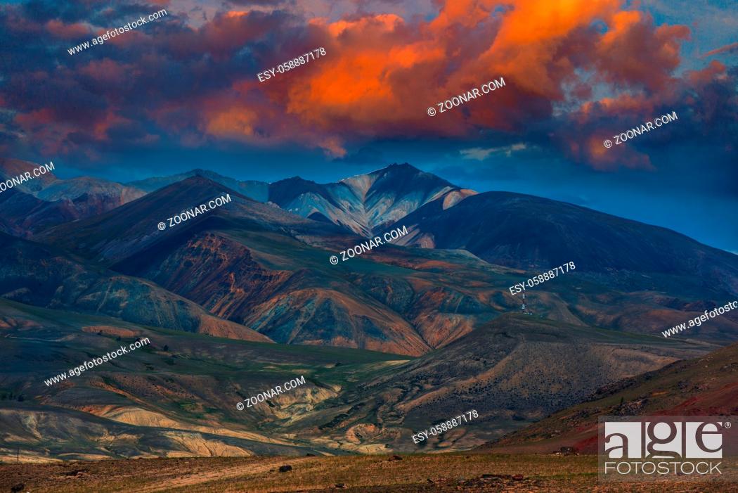 Stock Photo: Different colored mountains with beauty sunset sky in Mongolian Altai mountains.